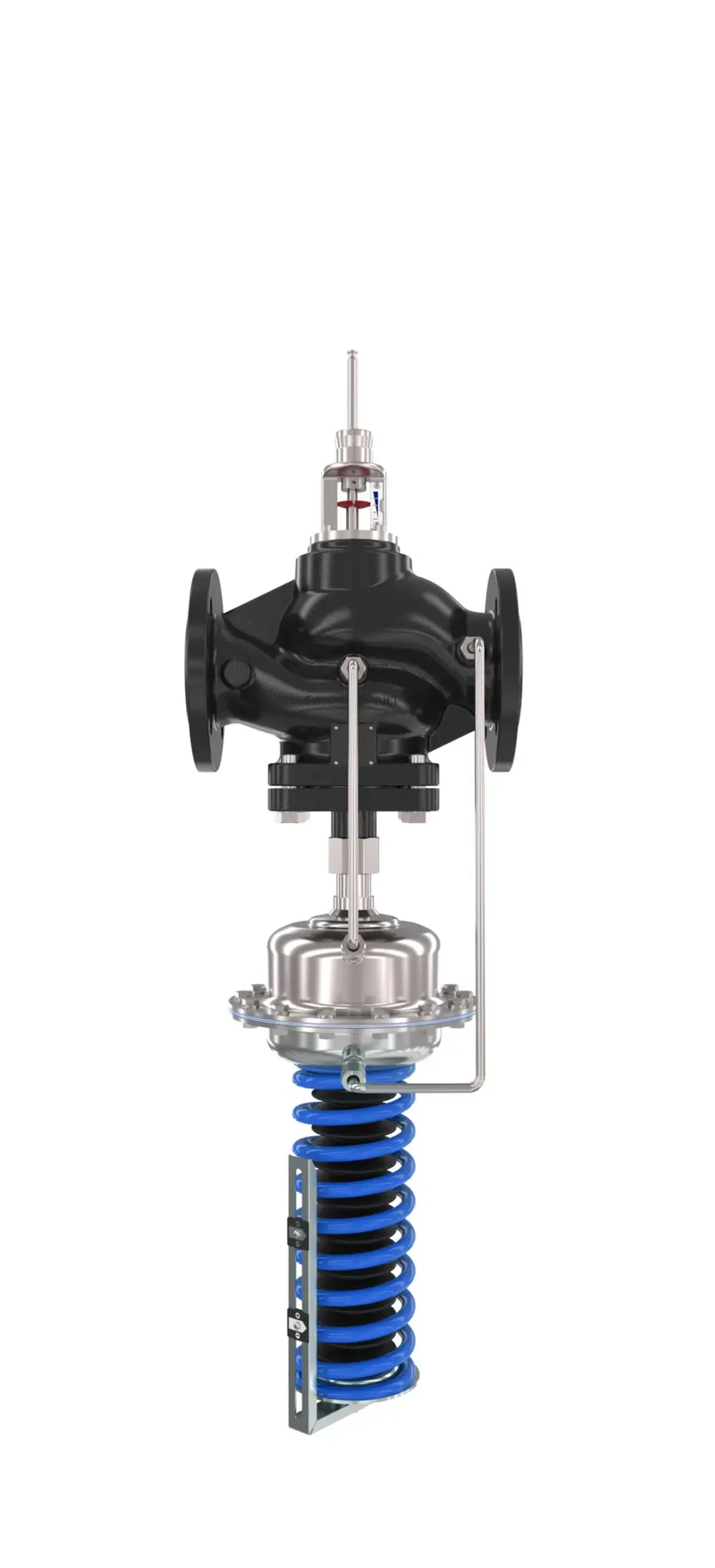 Danfoss Regelventil mit einem schwarzen Gehäuse und blauer Feder, konstruiert zur Druckregulierung, sichtbar sind Anschlussflansche und eine Verbindung zur Steuerung.